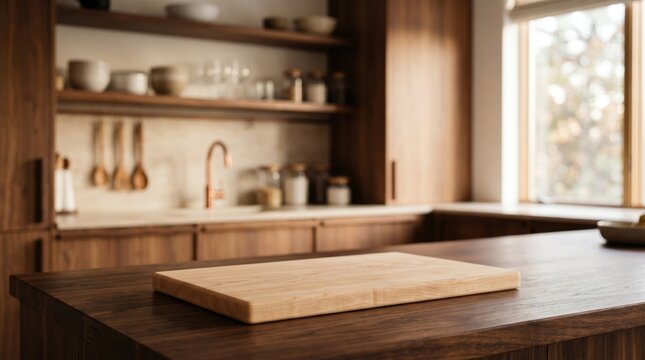 Modern rustic kitchen interior with wooden cutting board on dark island counter, open shelves with ceramic bowls and copper faucet in background, natural light from window,