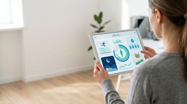 Woman checking health and fitness statistics on tablet, wellness tracking app, sleep monitor, hydration levels, activity graph, healthy lifestyle data visualization, smart home