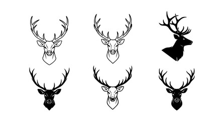 Fototapeta premium Set of deer head illustrations and silhouettes in black and white for hunting and wildlife design