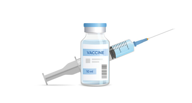 Vaccine vial with syringe, medical immunization concept vector illustration. Injection bottle and hypodermic needle isolated on white background for vaccination and healthcare design.