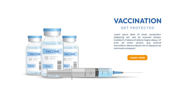 Vaccination web banner template with vaccine vials and syringe. Immunization concept with text and copy space isolated on white background. Vector illustration. 