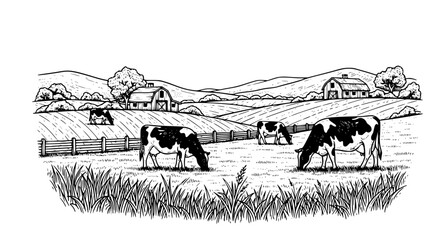 Detailed black and white illustration of a rural farm landscape with grazing cows in the meadow and barns in the background for agricultural design and country living themes © Neoviz Studio