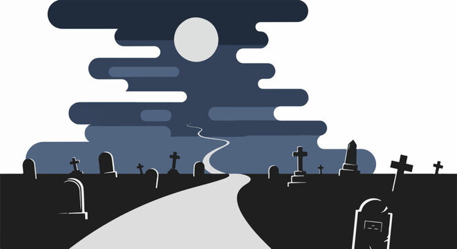 A dark, winding path leads through a spooky graveyard under a full moon