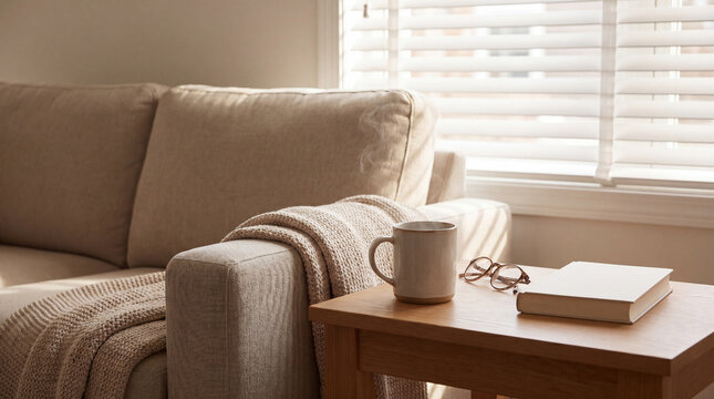 Cozy living room scene with a beige sofa, warm blanket, and wooden table in bright natural light.