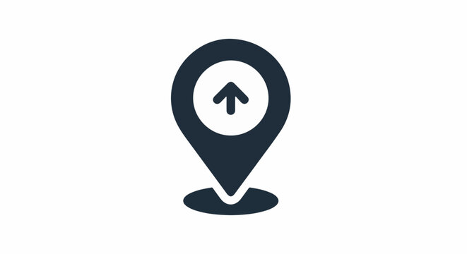 A dark blue location pin icon with an upward arrow inside