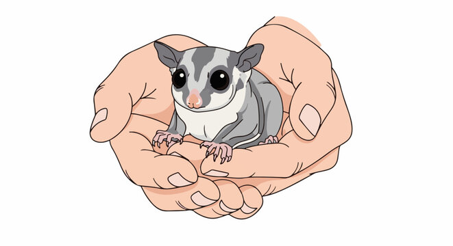 A cute sugar glider rests gently in cupped human hands