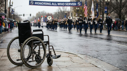 Obraz premium Empty wheelchair facing veterans parade in rainy city, Veterans Day USA