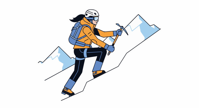 A person ascends a snowy mountain peak using an ice axe and crampons