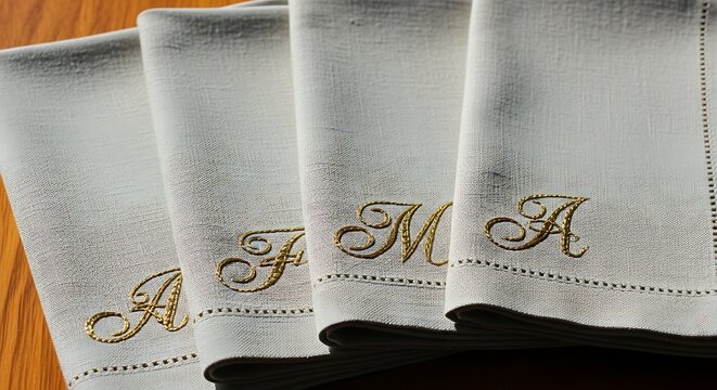 Monogrammed linen napkins with embroidered initials A and FMA on a white tablecloth.