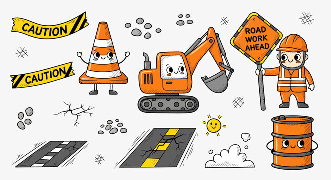 Cute cartoon construction site with various elements like traffic cones, excavator, worker, barrel, and road cracks with sunshine and clouds