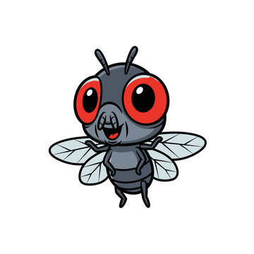 Cute cartoon fly character illustration with large red eyes and translucent wings isolated on a white background. Hand-drawn vector style graphic of a friendly housefly mascot.