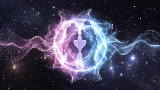 Parvati Jayanti Spiritual Background: Divine Union Energy with Soft Glowing Feminine Light Merging with Blue Masculine Aura and Abstract Silhouettes