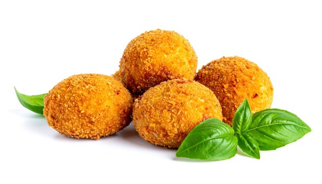 Creamy chicken croquettes isolated on a white background homemade food with basil leaves