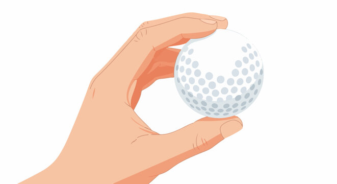 A hand holds a white golf ball with dimpled surface, ready for play