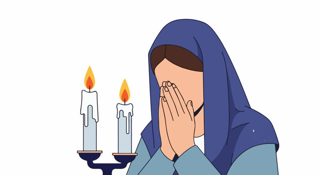 A person in blue head covering praying with clasped hands next to burning candles