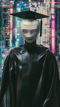 A robot in graduation attire stands in front of a vibrant digital background filled with bright lights and patterns
