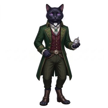 Anthropomorphic black cat known as Cat Sith in elegant Victorian attire holding a pocket watch