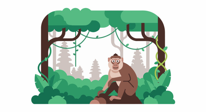 A monkey sits on a log in a dense, vibrant jungle with trees and vines