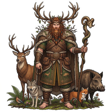 Celtic god Cernunnos with stag antlers standing among wild animals including a deer wolf and boar
