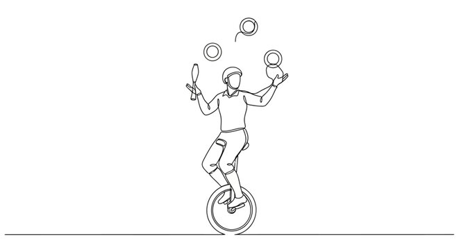 One Line Drawing of a Person Juggling on a Unicycle