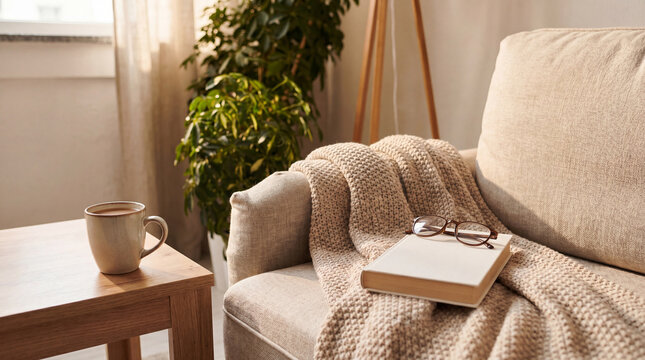 Inviting and cozy living room corner featuring a comfortable sofa with a warm knitted blanket, a book, glasses.