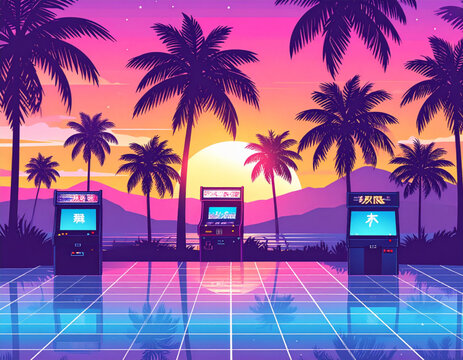 Newtro vaporwave patterns for 80s-90s gaming merchandise