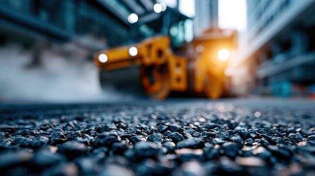 Yellow road roller compacting new asphalt on a city street for road repair and urban infrastructure