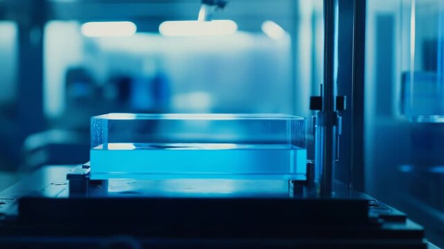Scientific equipment holding a rectangular container with a vibrant blue liquid, performing essential research and analytical work in a modern laboratory setting
