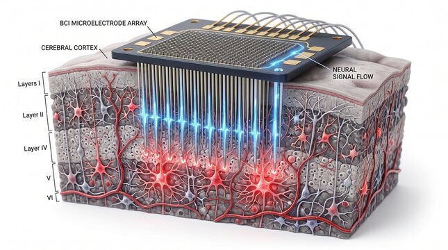 3D Visualization of BCI Microelectrode Array and Neuron Signal Transmission