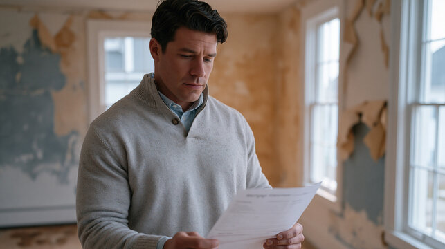 First-time buyer realizing purchase regret standing alone in empty house room, mortgage statement in hand, peeling wallpaper and stained subfloor visible in background, symbolic