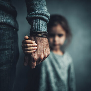 Parental Violence Parent is holding her little girls' arm and is about to use violence in dark background