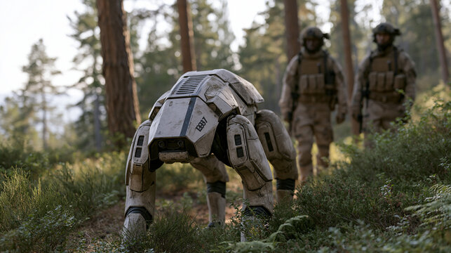 Rugged quadruped robot dog advancing through dense woodland terrain beside two soldiers in tactical gear, reconnaissance mission, military robotics, autonomous defense technology,