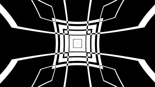 Abstract design in black and white with lines and shapes moving in patterns