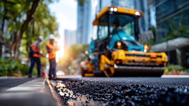 Fresh asphalt paving on a city road with construction workers and roller, urban repair concept