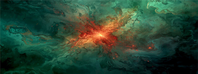 Cinematic cosmic nebula background with glowing orange star core and teal gas clouds. Abstract outer space galaxy vector illustration. Vibrant interstellar dust and celestial explosion texture. © Sanatçi