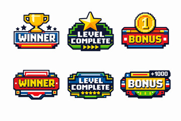 Naklejka premium Pixel art winning, level complete, bonus game elements