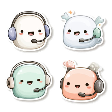 Cute kawaii characters with headsets and expressions
