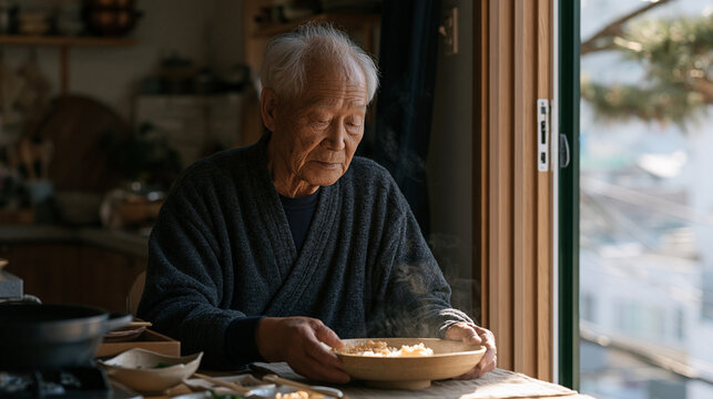 Elderly Korean man sitting at a small table arranging the same meal his late wife used to make in Seoul, immigrant homesickness manifesting through food ritual in his modest home