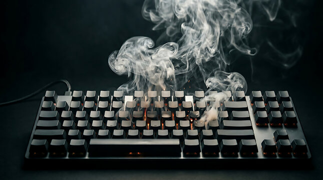 Smoking keyboard on fire, symbolizing intense computer activity, tech failure, or gaming stress