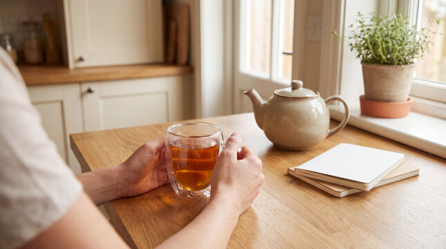 Hands holding a warm glass of herbal tea on a rustic wooden kitchen counter, fostering a sense of comfort.