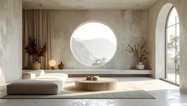 Serene interior features a round window framing mountains, with a neutral palette and minimalist furniture