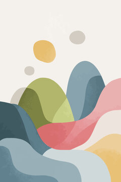 Colorful abstract landscape with waves and floating shapes in pastel tones