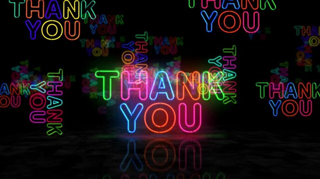 Thank you neon glowing symbol. Light color bulbs. Gratitude abstract concept 3d animation.