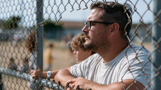 Father gripping playground fence rails watching his child with juvenile diabetes play soccer at recess, medical alert bracelet visible on child's wrist, harsh afternoon sun,