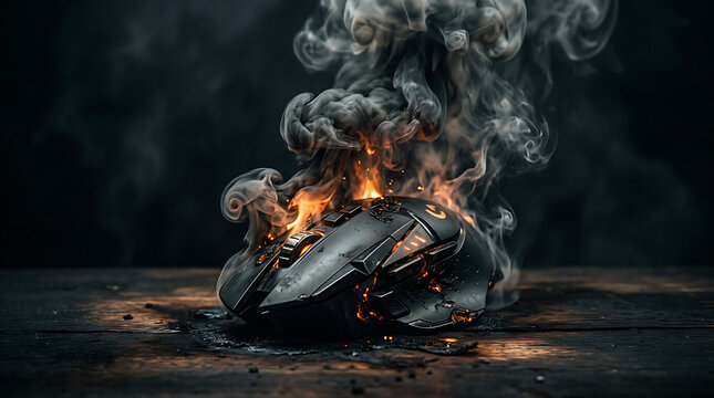 Modern computer mouse dramatically consumed by intense flames and smoke, illustrating a critical tech malfunction