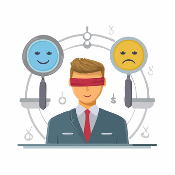 Blindfolded Businessman Evaluates Emotions with Magnifying Glasses
