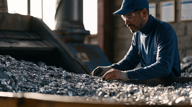 Male recycling facility operator guiding shredded aluminum feedstock through industrial granulation machinery, processed pellets collecting in large containers, environmental