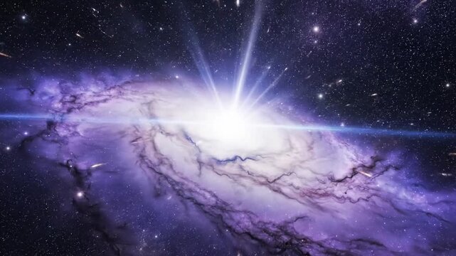 A bright white explosion or supernova occurring at the center of a swirling purple and blue spiral galaxy, with energy rays and light beams shooting into deep space with stars.