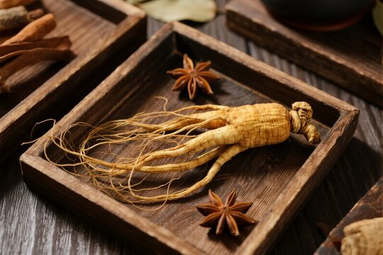 Dried ginseng root with star anise on wooden tray