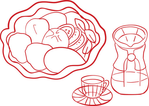 A top-down view of a delicious breakfast set featuring a croissant, an omelet or pancake, a cup of tea with lemon, and a side of sliced fruit or sausage